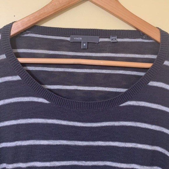 Vince Charcoal Gray Striped Lightweight 100% Cotton Round Neck Knit Top Shirt M - Picture 6 of 17